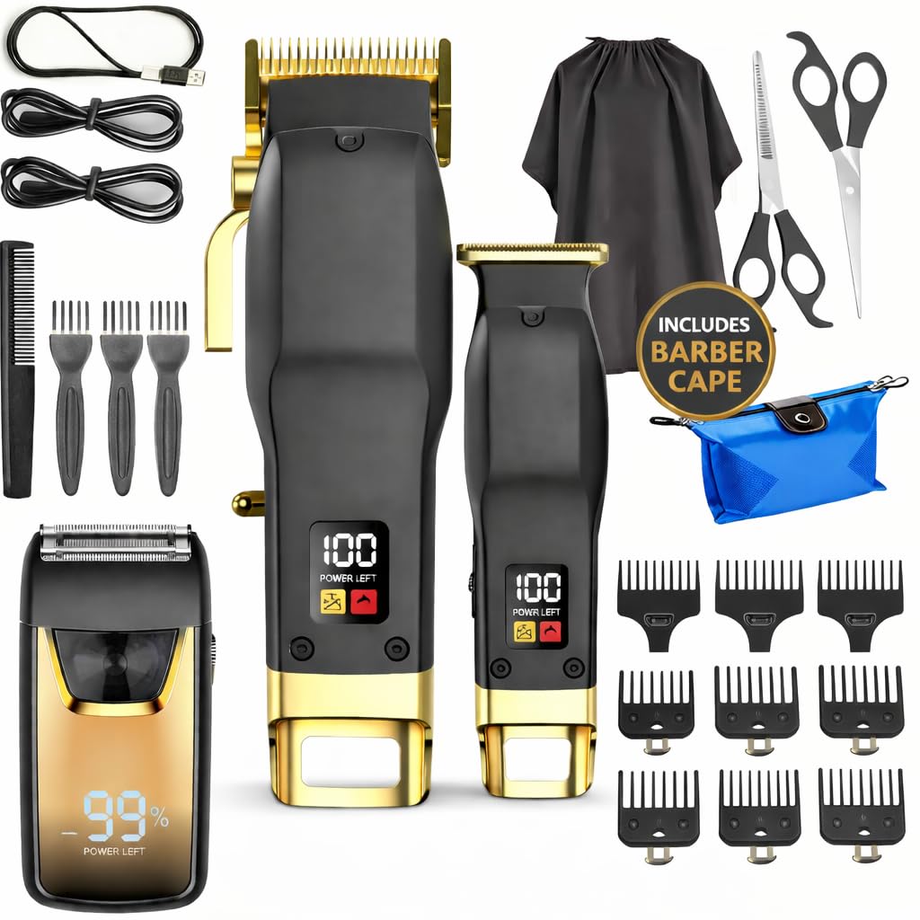 Professional Cordless Hair Clipper and Trimmer Kit for Men, Barber Hair Cutting Set with T Blade Trimmer, Cutting and Thinning Scissors, Guide Combs and Cape