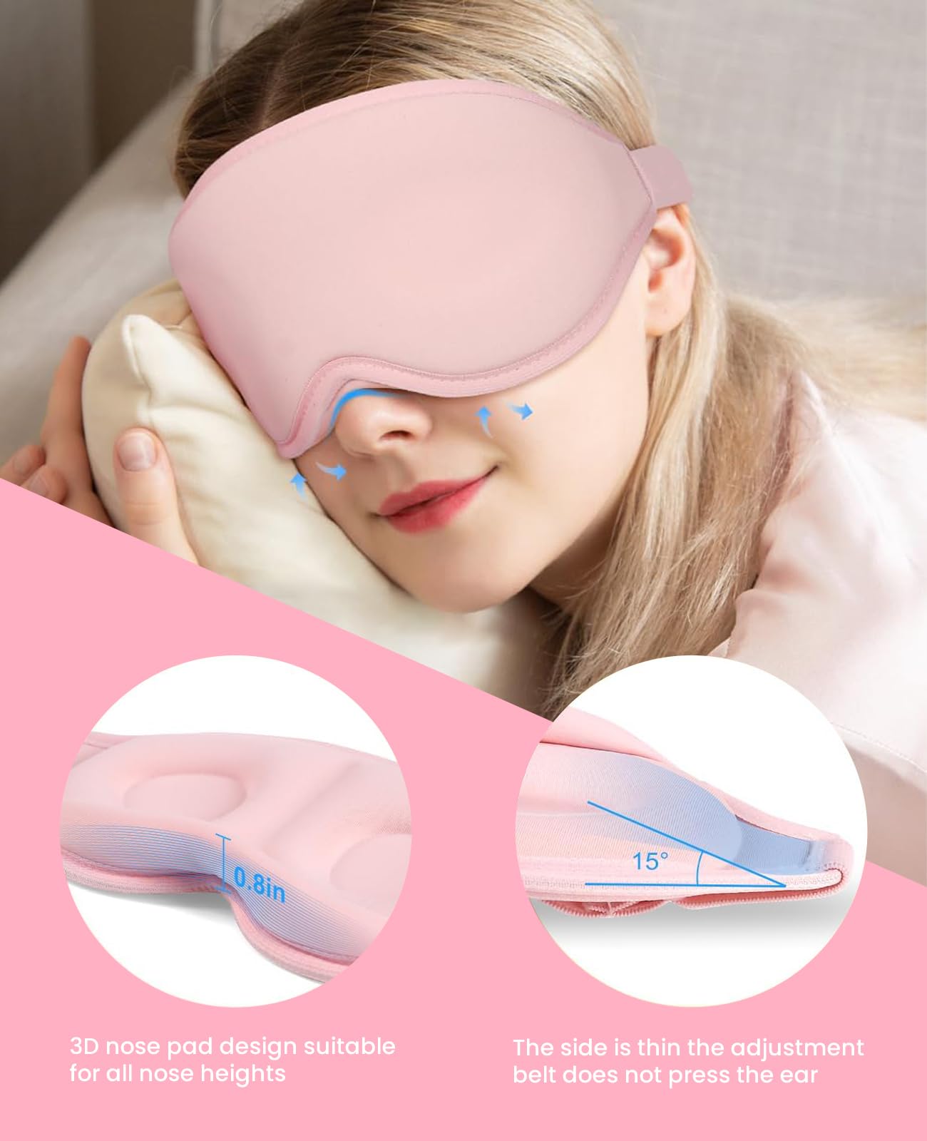 Gizmolet Sleep Mask for Side Sleeper Women Men, Light Blocking Eye Mask for Sleeping, 3D Contoured Cup Sleeping Mask for Zero Eye Pressure, with Adjustable Elastic Strap for Sleep Travel, Pink
