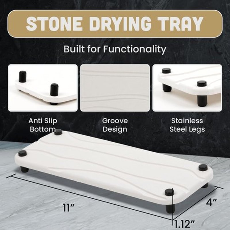 Skiennix 2pc Stone Drying Tray - Diatomite Sink Caddy & Kitchen Organizer - Water Absorbing Mat (White)