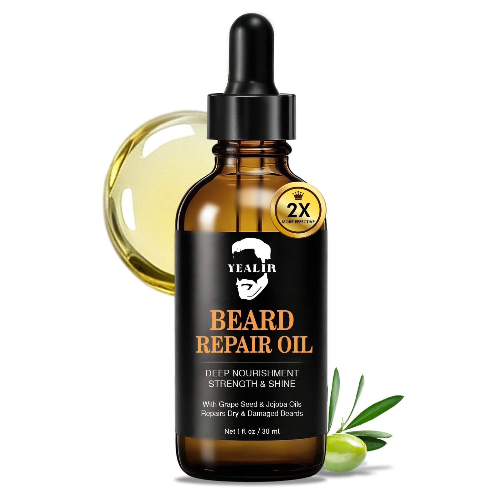 YEALIR Repair Beard Oil for Men - Repairs Breakage & Split Ends, Softens and Strengthens Dry & Damaged Beard, Lightweight, Non-Greasy, Beard Conditioner with Squalane & Argan Oil, Unscented, 1 Oz