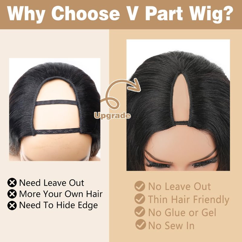 V Part Wig Human Hair Body Wave Upgrade U Part Human Hair Wigs With Adjustable Drawstring 250% Density Glueless No Leave Out V Shape Wigs Full Head Clip In Half Wig For Women (Natural Black, 16 Inch)