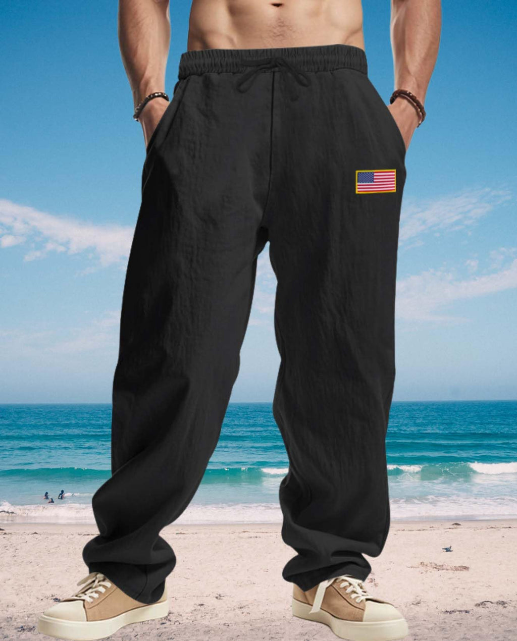 Zhyaj Linen Casual Pants for Men American Flag Graphic Splicing Hip Hop Trousers Elastic Waist Drawstring Sweatpants Pants with Pockets Black