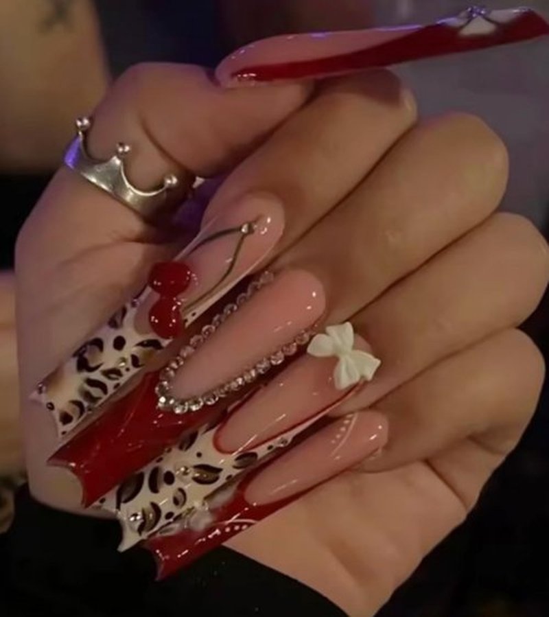 Aegenacess Press on Nails Square - Extra Long Fake Nails with 3D Rhinestones and Bows, Red French Tips Cute Fall False Nail, Fall Stick On Nails for Women, 12 Sizes - 24 Nail Kit, Floral Fusion