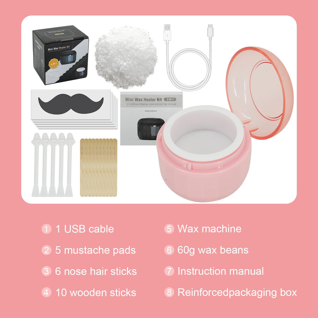 Nose Wax Kit for Men – 50g Nose & Ear Hair Removal Wax, USB Fast Heat, Smart Temp, 10 Sticks, Painless & Easy Grooming Kit with Full Accessories (Pink)