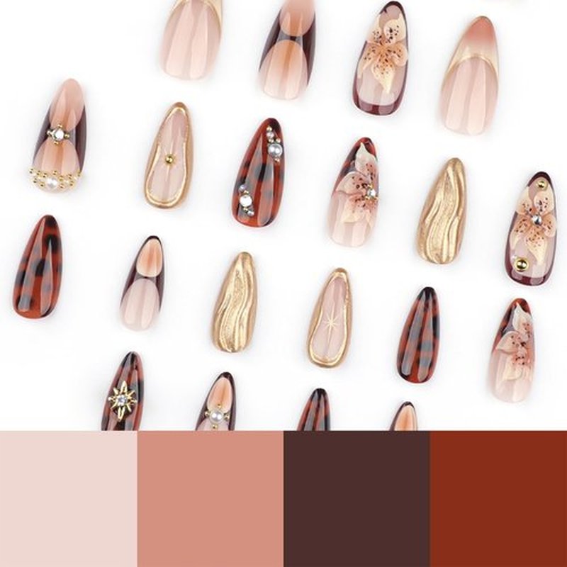JONKASIPA 3D Handmade Pressed Nails Brown Almond False Nails with Dimensional Gold Lines and Floral Patterns French Gloss Reusable Adhesive Nails for Women's Manicure Sets 24Pcs
