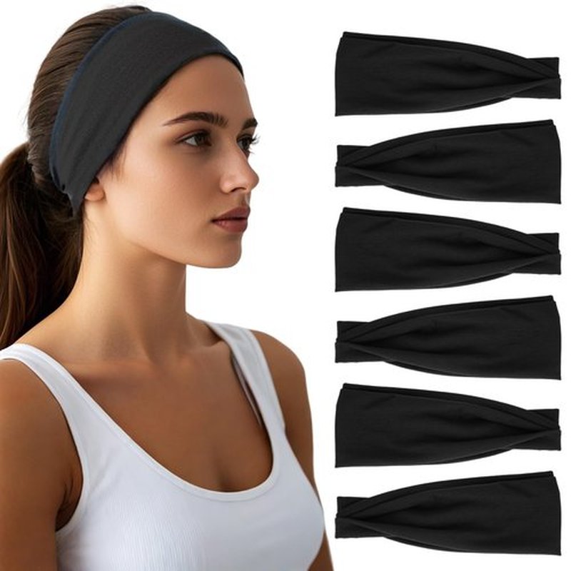 Headbands for Women - 6 Pack Wide Elastic Hairbands | Ultra-Soft Moisture Wicking Sports Headband | Non-Slip Accessories Bands for Fashion, Workouts, Yoga, Daily Use (6 Pack Black)