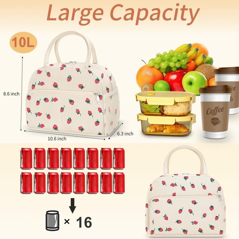 Coobiiya Corduroy Lunch Bag - Insulated Strawberry Tote for Work, Travel & Picnics | Large Capacity