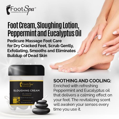 FOOT SPA - Foot Cream, Sloughing Lotion, Peppermint and Eucalyptus Oil, 16 Oz - for Dry Cracked Feet, Scrub Gently, Exfoliating, Smooths and Eliminates Buildup of Dead Skin