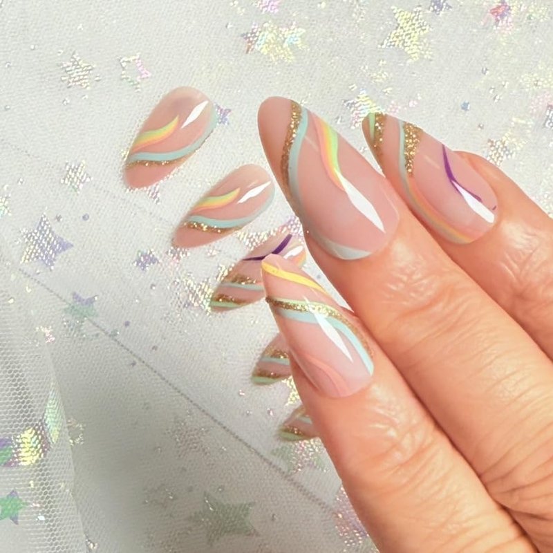 XIUXIULAN Press on Nails, rainbow ripple Pink Almond False Nails, 12 Size Glossy Soft Gel 24 Pcs