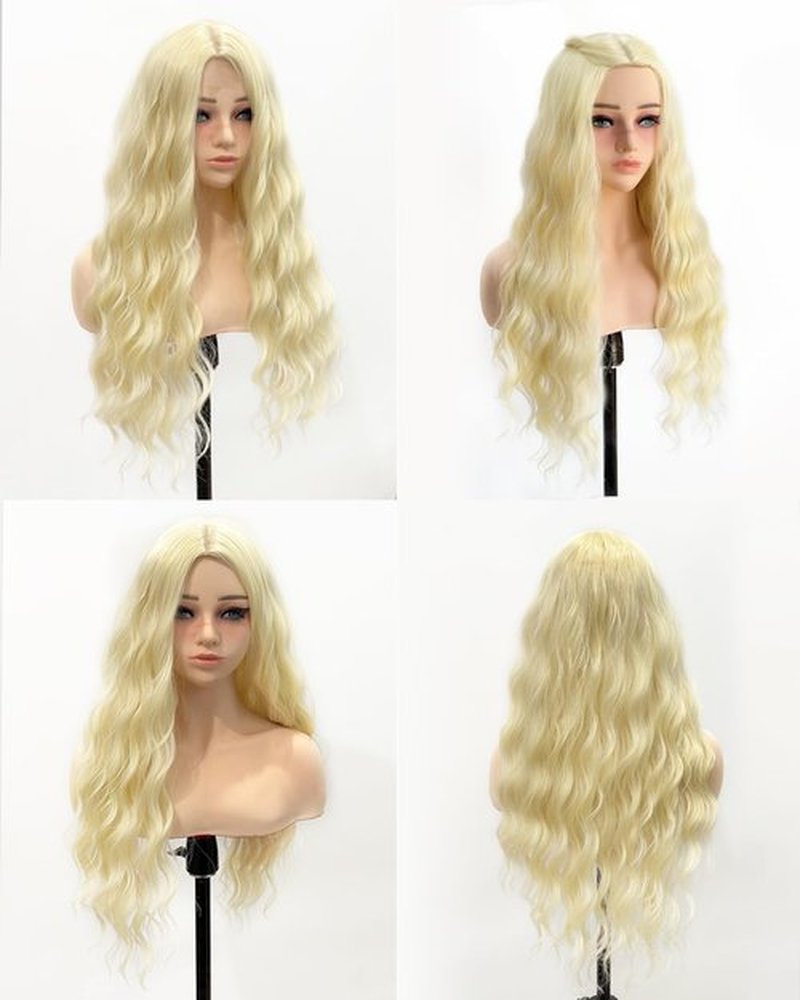 Aida ble Long Blonde Wig for Women 28 Inch Wavy Curly Blond Wig Middle Part Synthetic Wig Natural Looking for Daily Party Halloween Cosplay Use