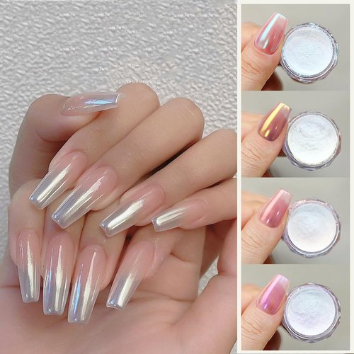 Pretty Diva 8 Colors Iridescent Pearl Chrome Nail Powder, Aurora Pearl Nails Chrome White Pearl Chrome Powder for Nails Metallic Manicure Pigment