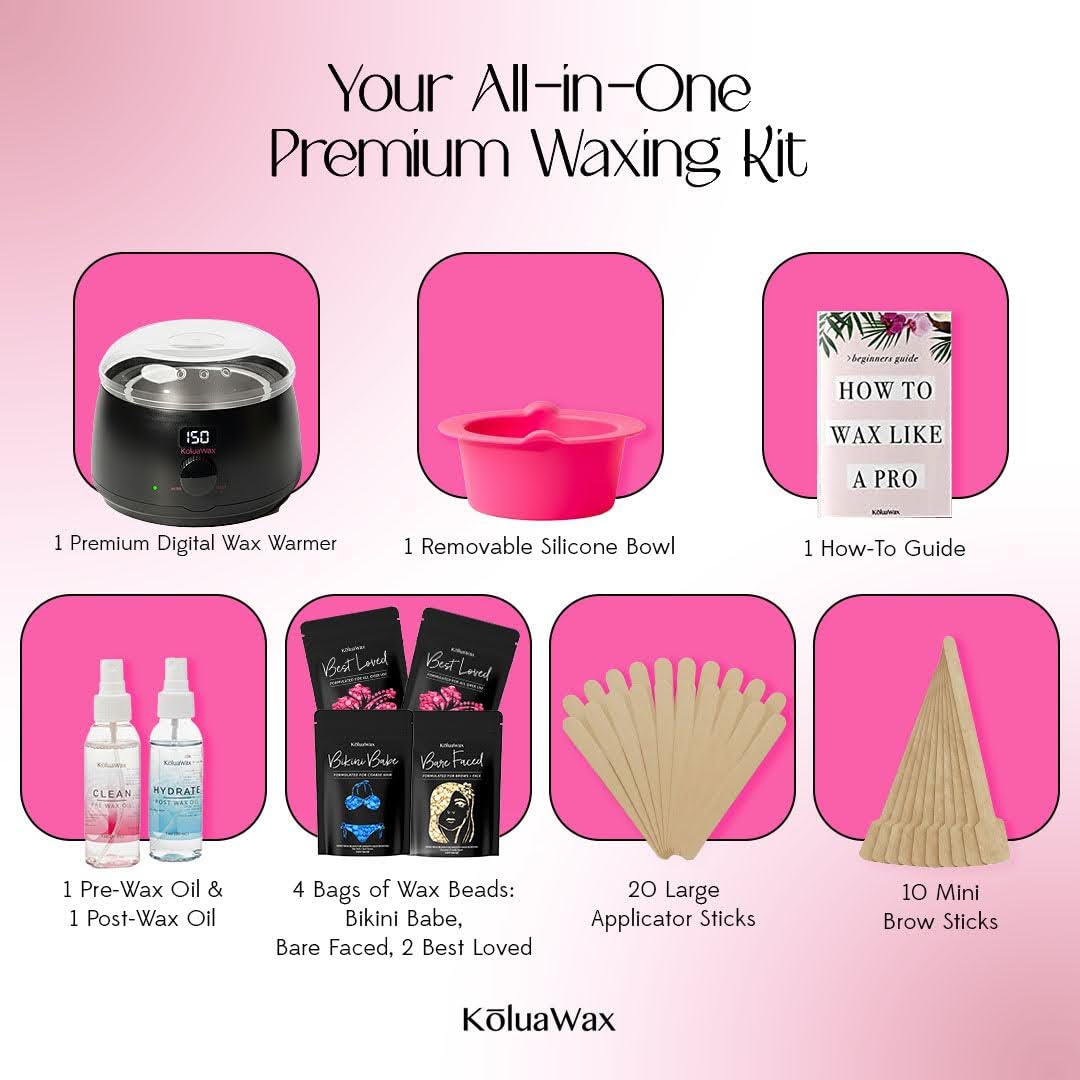 KoluaWax Premium Waxing Kit for Women - Hot Melt Hard Wax Warmer for Hair Removal, Eyebrow, Bikini, Legs, Face, Brazilian Wax - Machine, 4-Pack Beads, Accessories, Sand