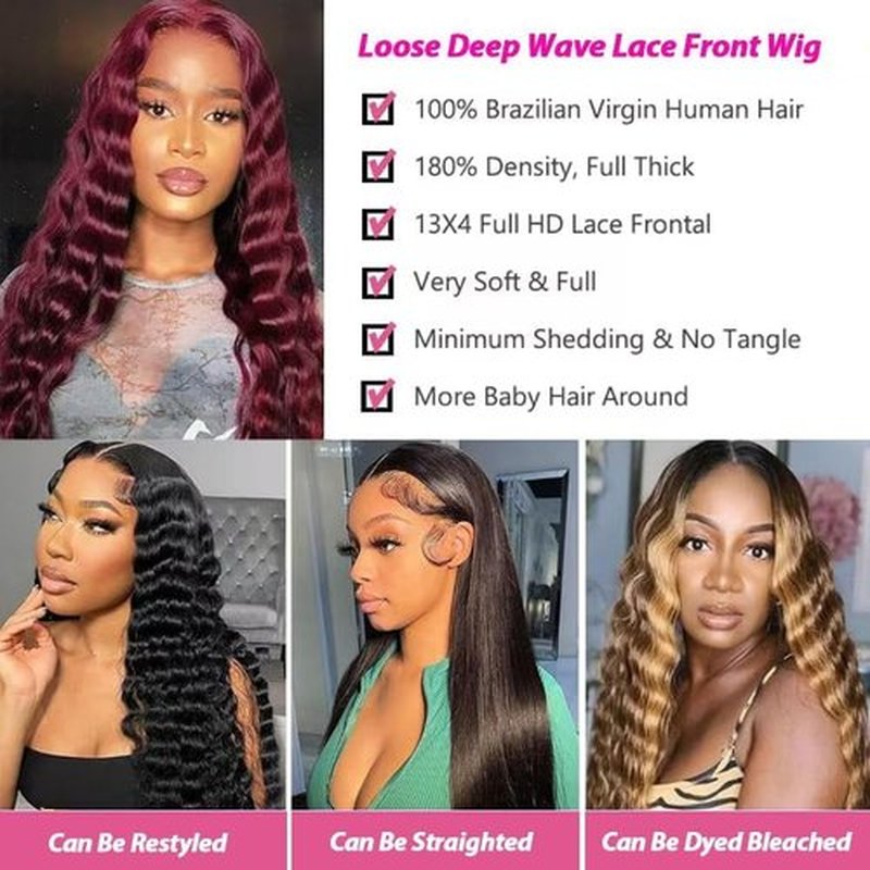 OLFORY Burgundy Wig Human Hair Wigs for Black Women13x4 Deep Wave Lace Front Wigs Pre Plucked 200% Density 99j Loose Deep Wave Wigs Red Wine Virgin Glueless Wig 30Inch
