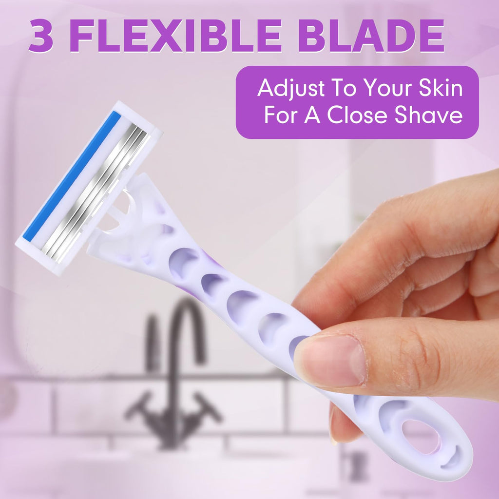 Leriton 48 Count Women's Disposable Razors Bulk Purple 3 Blade Sensitive Skin Bikini Line Razor for Bathing Hotel Travel