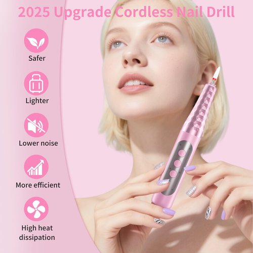 Cordless Electric Nail File with Safety Pause Function,FyndAna Portable Nail Drill Set for Crystal Gel Dip Powder Nails,Rechargeable Manicure Pedicure Tools Polish Set,Pink