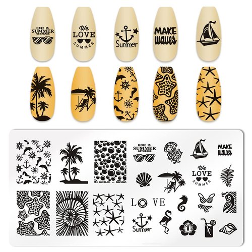 JERCLITY 6pcs Seaside Scenery Nail Stamping Plate Nail Stamping Kit for Nails Summer Beach Coconut Trees Sunset Waves Sea Animals Image Plates Nail Art Design Template Print Nail Stamper Kit for Women
