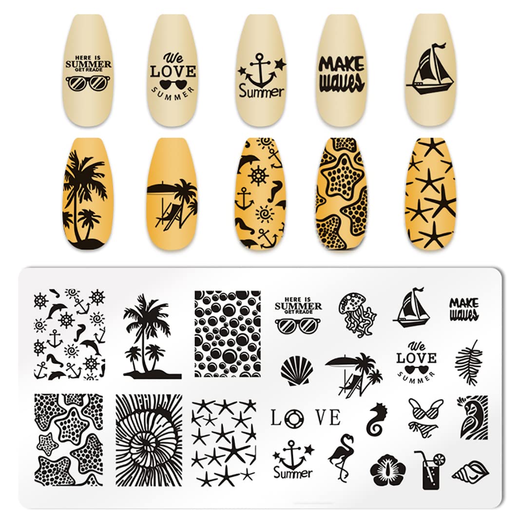 XEAOHESY 6pcs Seaside Scenery Nail Stamping Plate Nail Stamping Kit for Nails Summer Beach Coconut Trees Sunset Waves Sea Animals Image Plates Nail Stamper Kit