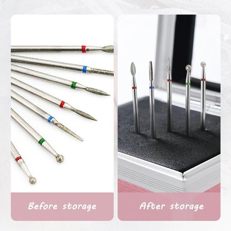 OLizee® 50 Holes Nail Drill Bits Holder with 7 Drill Bits Metal Nail Drill Tool Box Pink Nail Drill Bits Case Nail Drill Bits Organizer for Women Girls