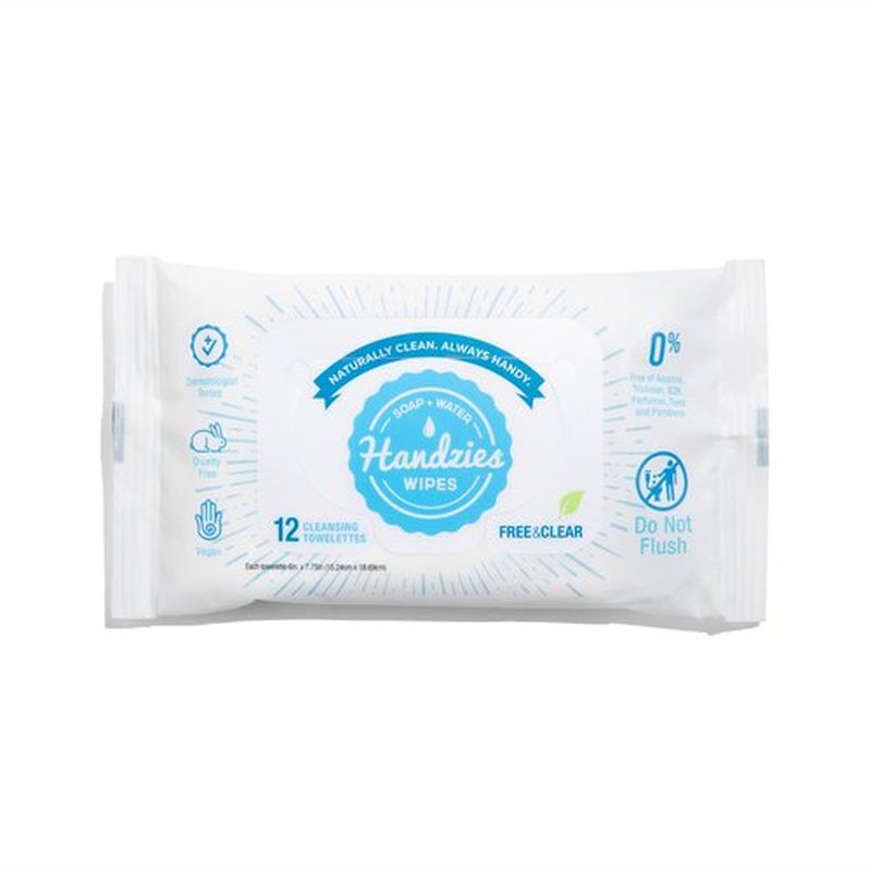 Handzies Natural Soap and Water Cleansing Towelettes- Free&Clear- 12ct Travel Pack- Bundle of 6 (72 total towelettes)