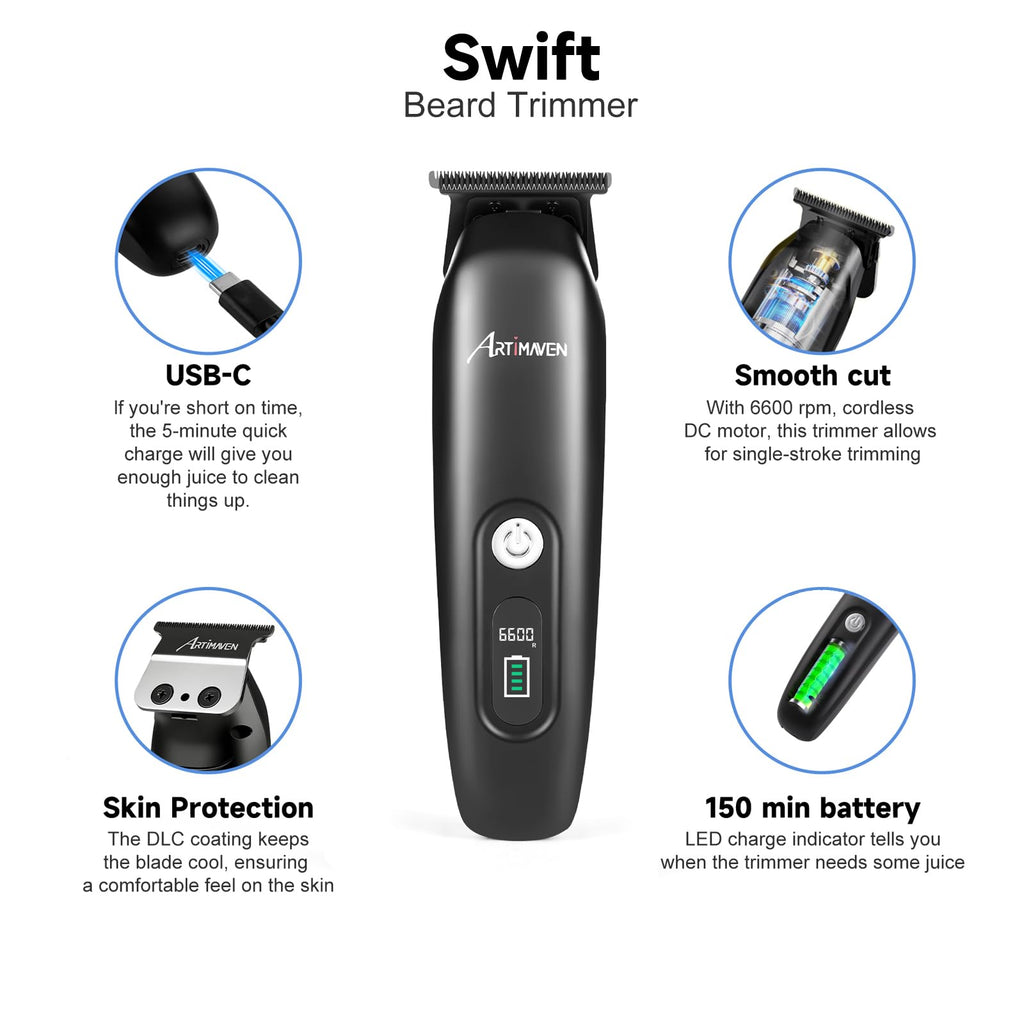 Artimaven Beard Trimmer for Men, Cordless Hair Clipper & Beard Trimmer Kit, USB-C Rechargeable, DLC Precision Blade, 150-Min Runtime, Compact Travel Grooming Set, Gift for Men with Toiletry Bag