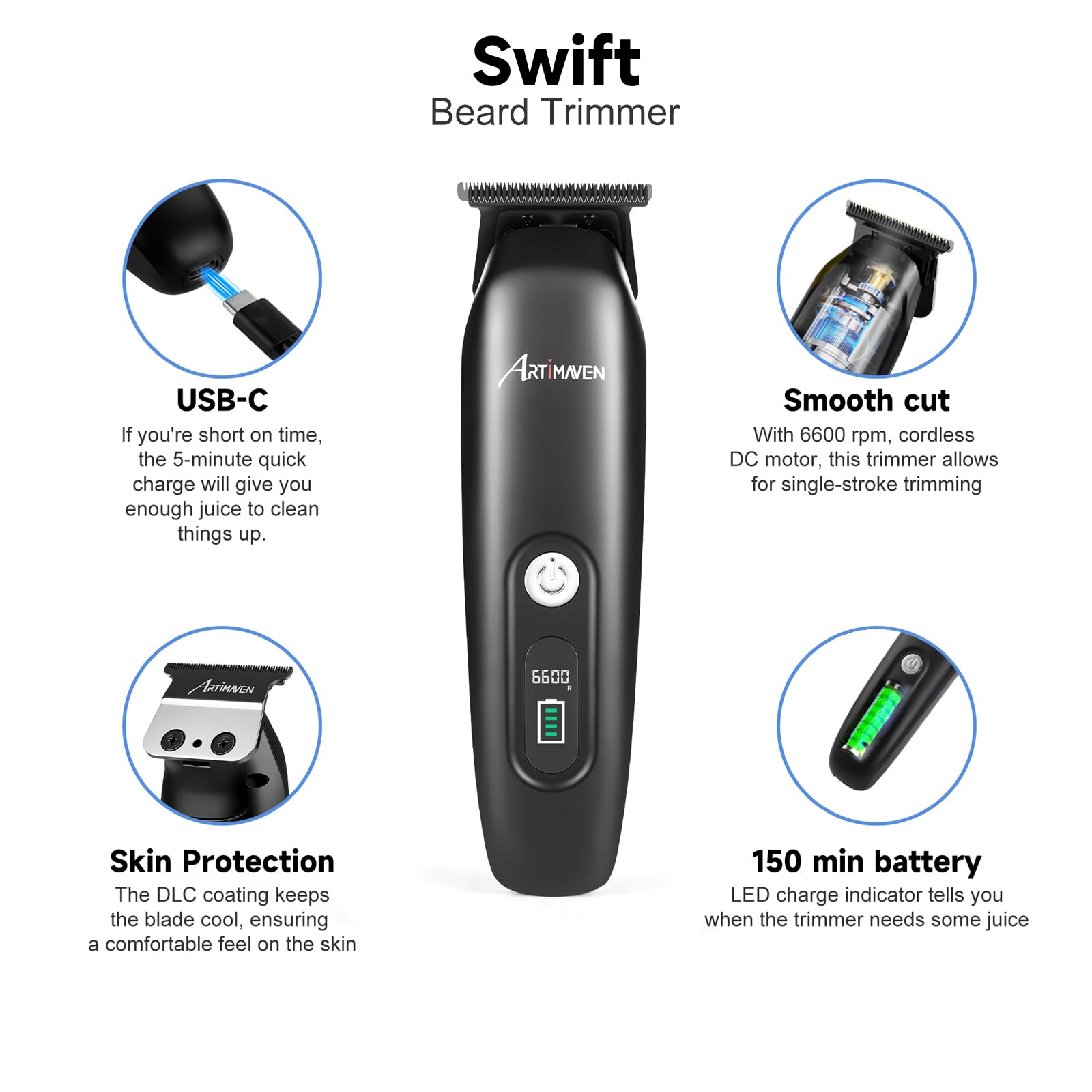 Artimaven Beard Trimmer for Men, Cordless Hair Clipper & Beard Trimmer Kit, USB-C Rechargeable, DLC Precision Blade, 150-Min Runtime, Compact Travel Grooming Set, Gift for Men with Toiletry Bag