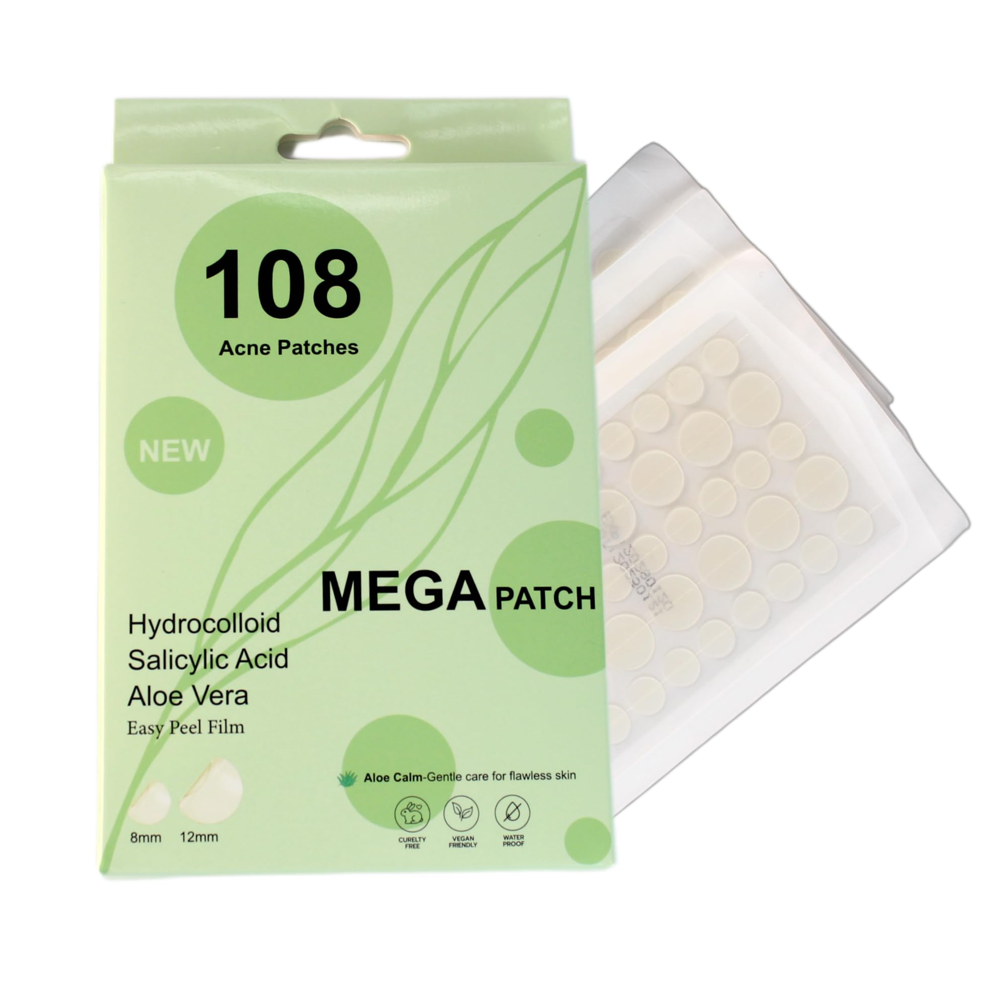 Fast Acting Pimple Patches with Hydrocolloid, Saycilic Acid and Aloe Vera | 108 ct (60 x 8mm + 48 x 12mm) | Reduces Spot Risk | Invisible Acne Patches | Treatment for Zits, Blemishes, Acne & Pimples.