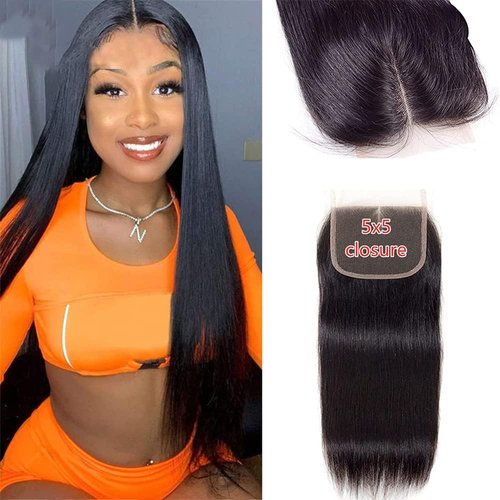 5X5 HD Lace Closure Human Hair Straight Transparent Lace Closure Pre Plucked with Baby Hair Bleached Knots 100% Unprocessed Brazilian Virgin Human Hair Closure Free Part Only 5X5 Closure 12 Inch