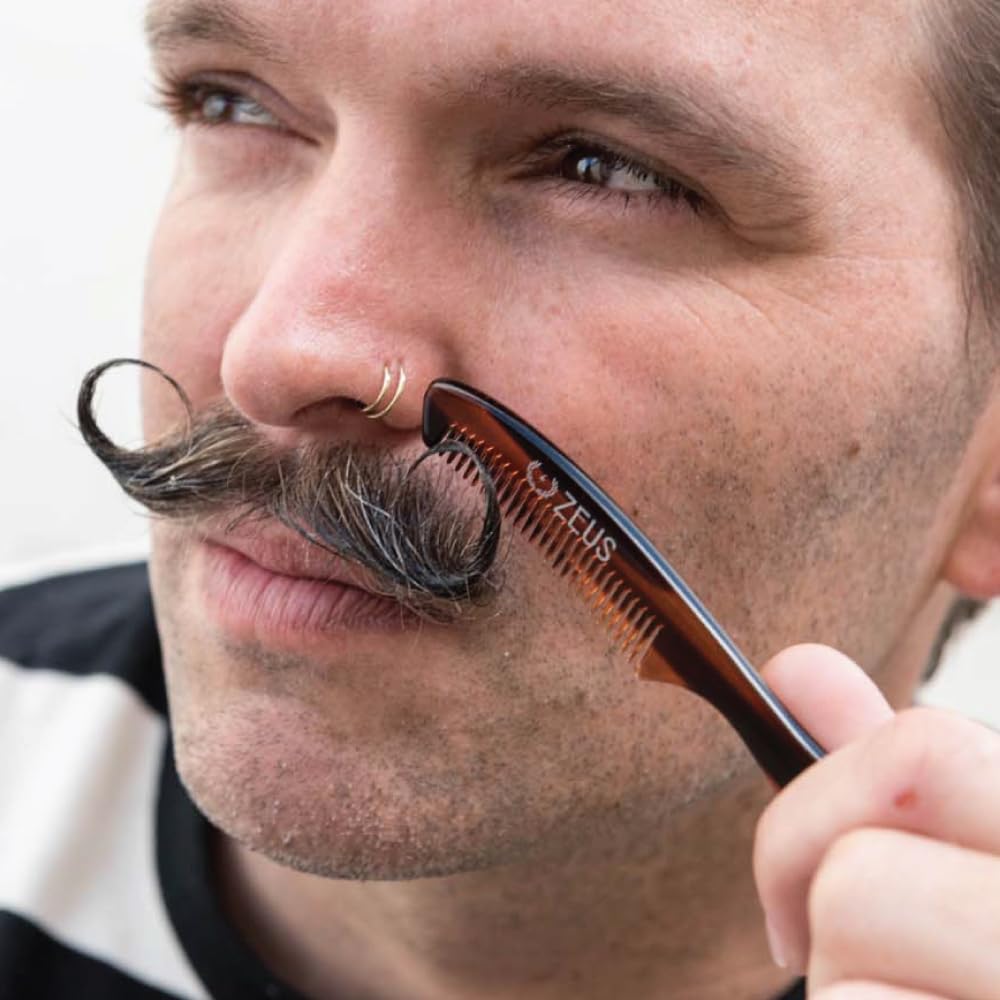 ZEUS Large Mustache Comb, Long Handle Handmade Saw Cut Mustache Comb for Men (Traditional) P11