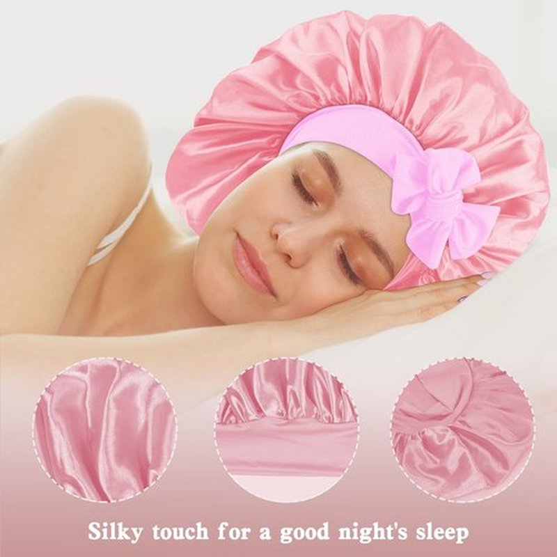 my novel things 3Pcs Satin Bonnet for Sleeping Women Large Adjustable Hair Bonnet with Tie Band Silky Sleep Cap with Ribbon for Women Natural & Curly Long Hair Anti Frizz, Soft Breathable(Pink/Purple)