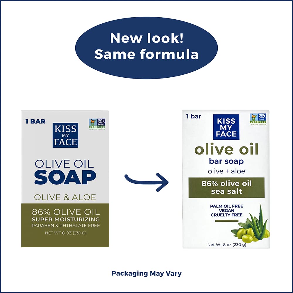 Kiss My Face Pure Olive Oil Soap with Aloe Vera, Moisturizing Bar Soap, 8 oz Bars, Olive & Aloe, 64 Ounce, 8 Pack (Packaging May Vary)
