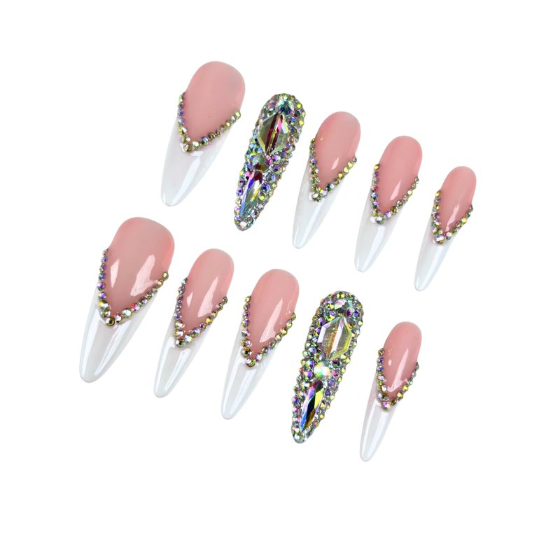 Yabonica French Tip Press On Nails Long Stiletto,10 Pcs Handmade Acrylic Fake Nails Press Ons Salon Design Stick On Nails,Luxury UV Gel Glue On False Nails with 3D Rhinestone (Middle Size)