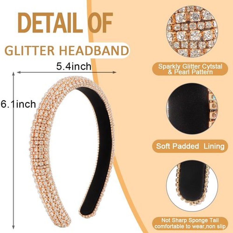 AHONEY Gold Rhinestone Headband for Women Girls, Hair Bling Crystal Glitter Sparkly Diamond Padded Headband Fancy Jeweled Headpiece Holiday Hair Accessories Birthday
