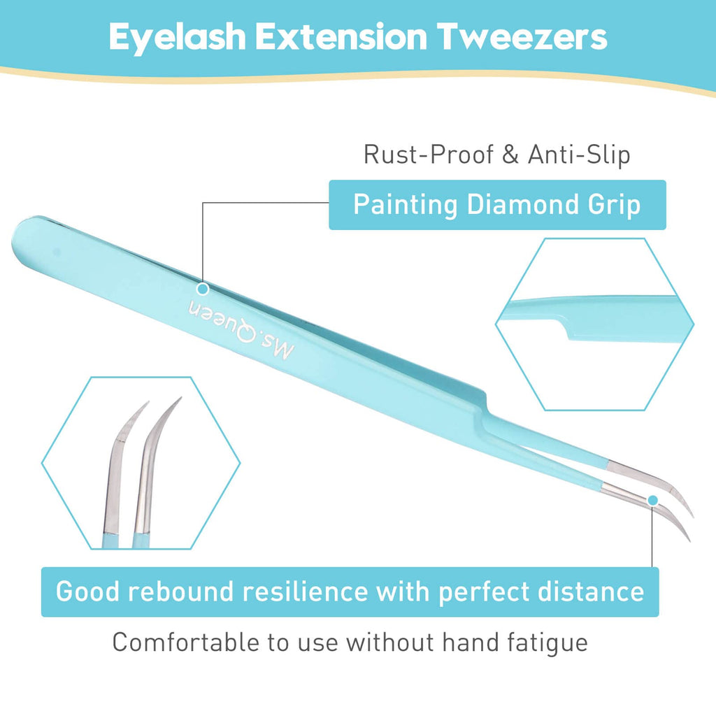 Ms.Queen Lash Tweezers for Eyelash Extensions,Professional 5Pcs Fiber Tip Curved Isolation 45 90 Degree Boot Volume Lash Tweezers for Extensions, Blue