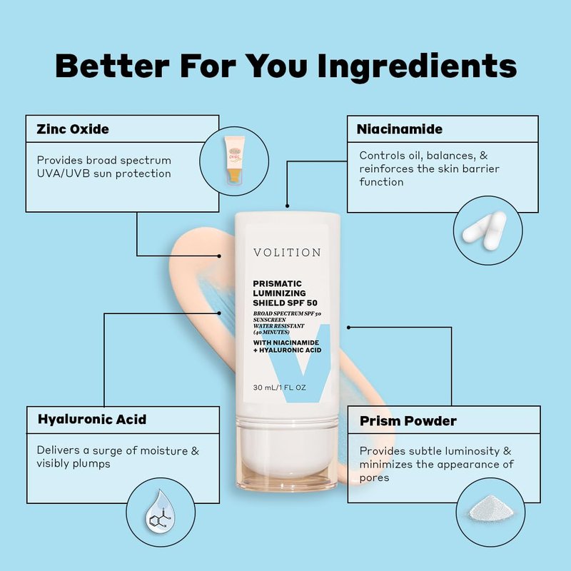 Volition Beauty Prismatic Luminizing Shield SPF 50 - Reef-Safe Mineral Face Sunscreen with Niacinamide & Hyaluronic Acid | Lightweight Moisturizer for Glowing Skin