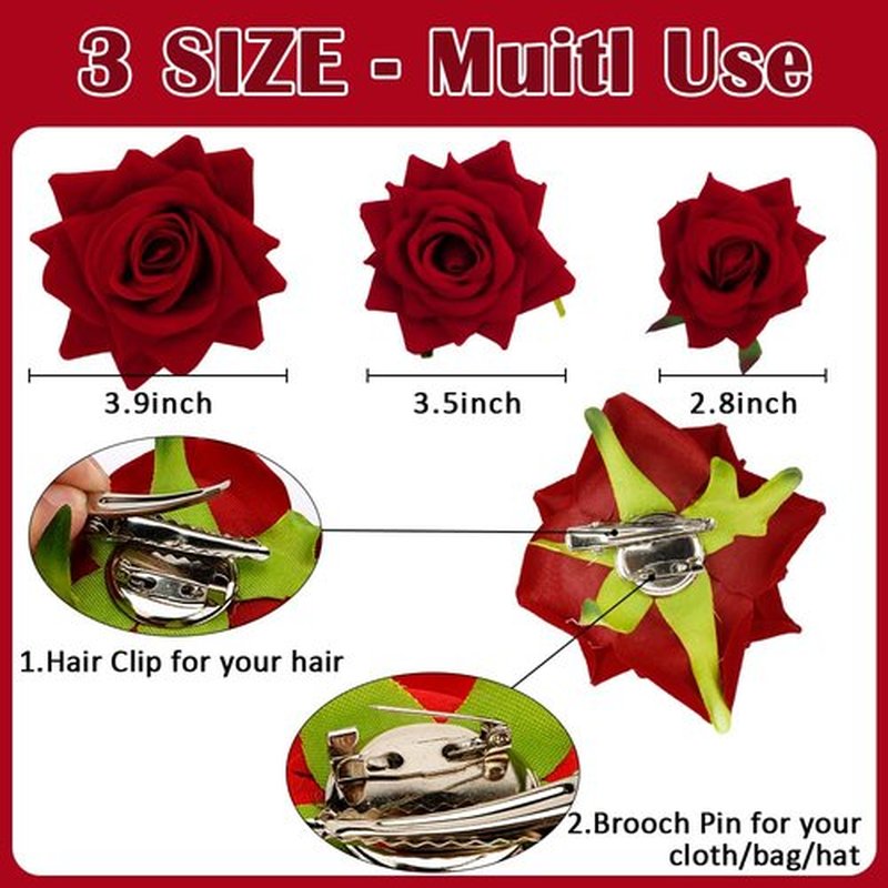 Ahoney Red Rose Hair Clips Set - 6 Pieces Floral Alligator Clips in 3 Sizes for Women, Girls, Mother's Day, Halloween, Prom, and Hair Decor (Red)