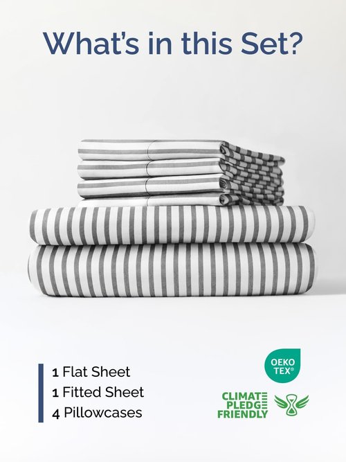 Skiennix Extra Deep King Sheet Set | 6-Piece Breathable Cooling Bedding - Soft, Wrinkle-Free Grey Stripes