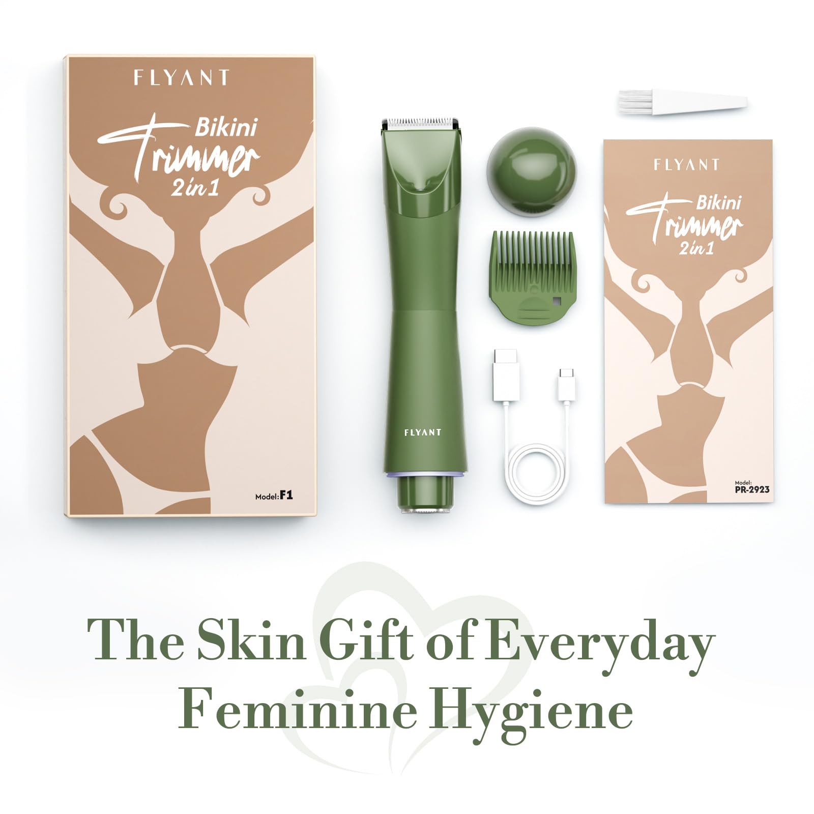 Bikini Trimmer for Women, 2 in 1 Electric Shaver for Women, Pubic Hair Trimmer Waterproof IPX7 with LED, Bikini Razor for Leg Arm Underarm Bikini Area, Pull Bows Gift Box for Friends (Cypress Green)