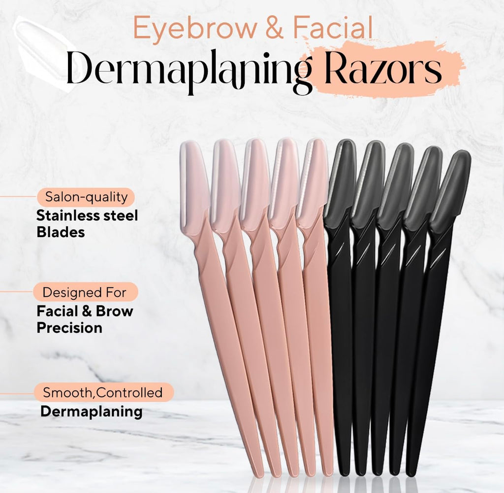 Abiding Essentials Dermaplane Razor for Women & Men – Precision Hair Remover & Exfoliating Face Shaver, Eyebrow Trimmer – Luxurious At-Home Spa Skincare Set (Premium Black/Rose Gold) 10pcs