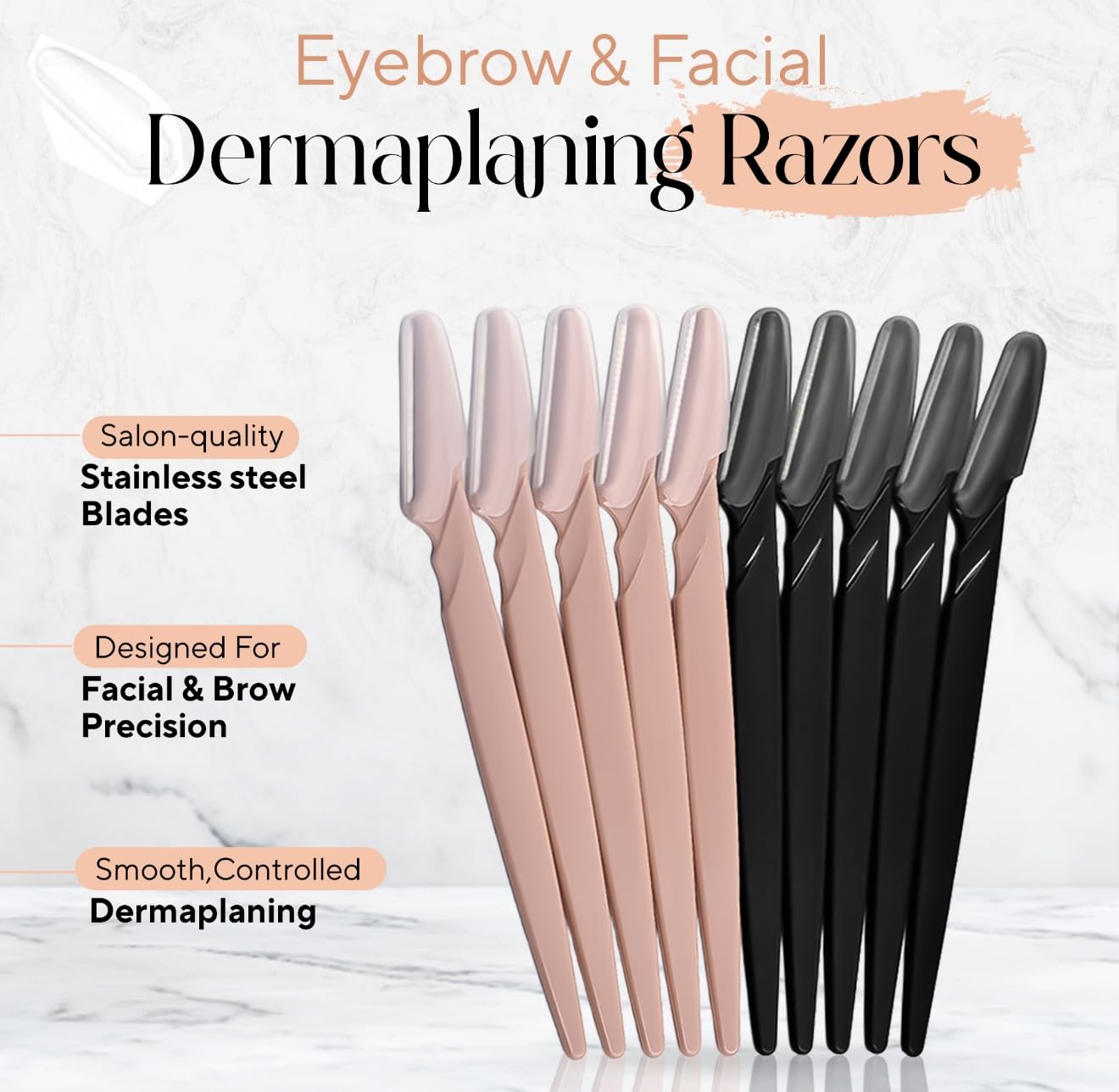 Abiding Essentials Dermaplane Razor for Women & Men – Precision Hair Remover & Exfoliating Face Shaver, Eyebrow Trimmer – Luxurious At-Home Spa Skincare Set (Premium Black/Rose Gold) 10pcs