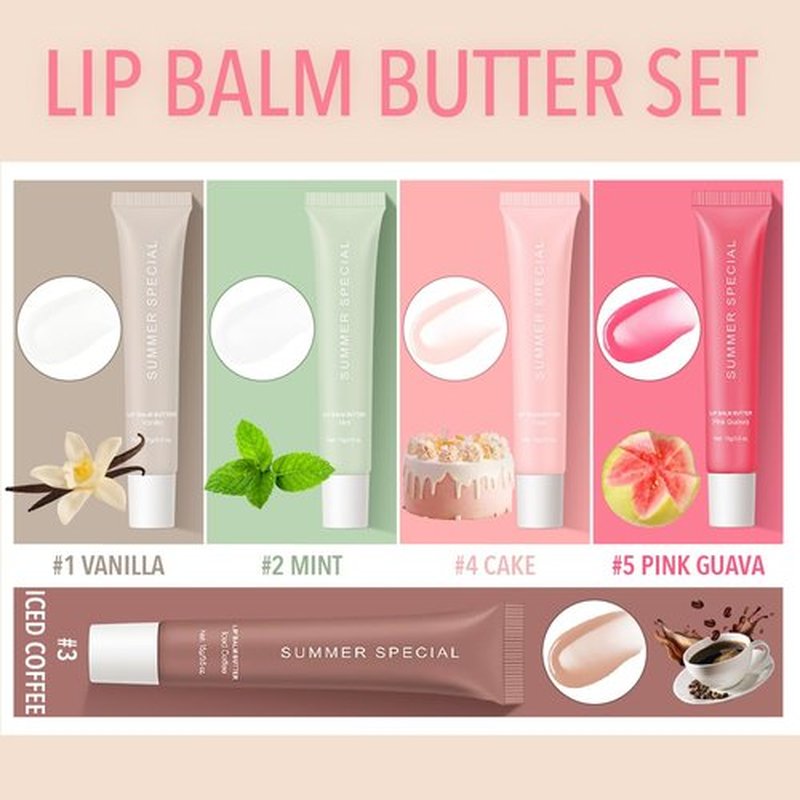 5-Color Summer Lip Balm Set With Shea Butter & Avocado Oil Natural Ingredients, Lightweight Non-Sticky Instant Hydration Lip Gloss Set, Natural Scent Lip Care Gift Set For Women