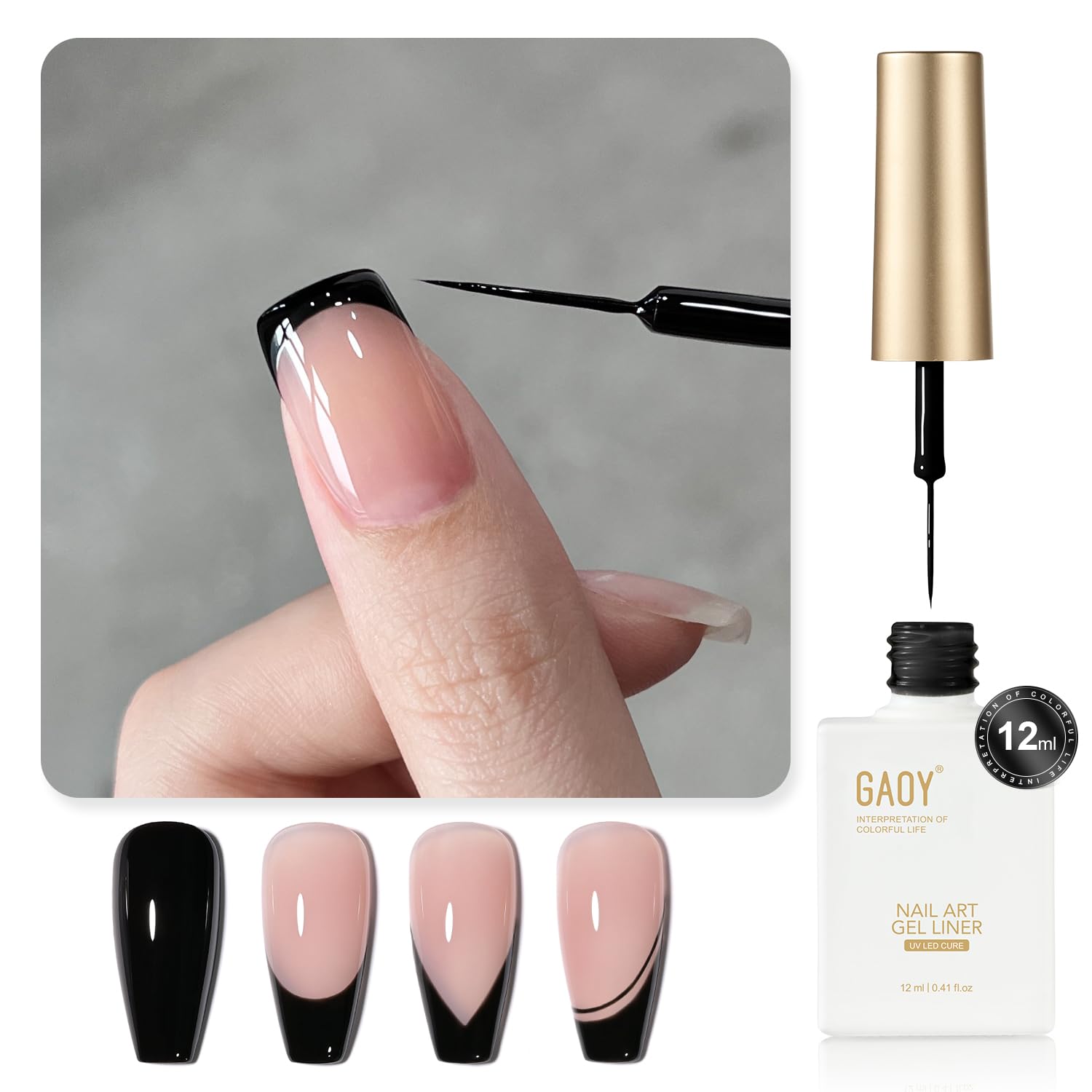 GAOY Black Swirl Gel Nail Polish Art Liner, 12ml UV Gel with Thin Brush
