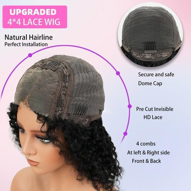 ISWEET HD Glueless Wigs Human Hair Pre Plucked Pre Cut Bob 4x4, 8 Inch Light Brown 210% Density Hairline Curly Bob Wig Human Hair, Wear and Go Deep Wave Lace Front Wigs Human Hair for Black Women