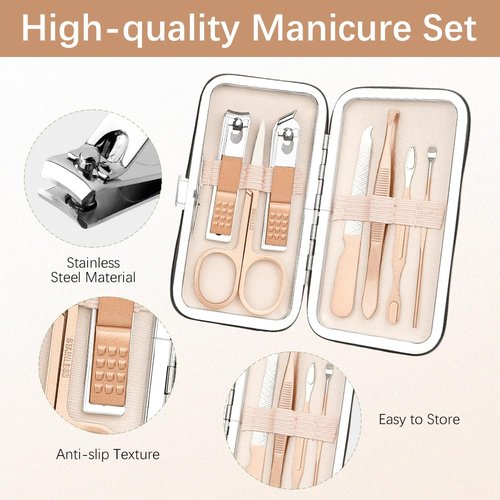 Manicure Set, Nail Clipper Set Stainless Steel Nail Clipper Kit 7 in 1 Manicure Kit Grooming Kit Nail Clippers Pedicure Kit Fingernail Toenail Clippers for Men Women Husband Boyfriend Travel Rose Gold