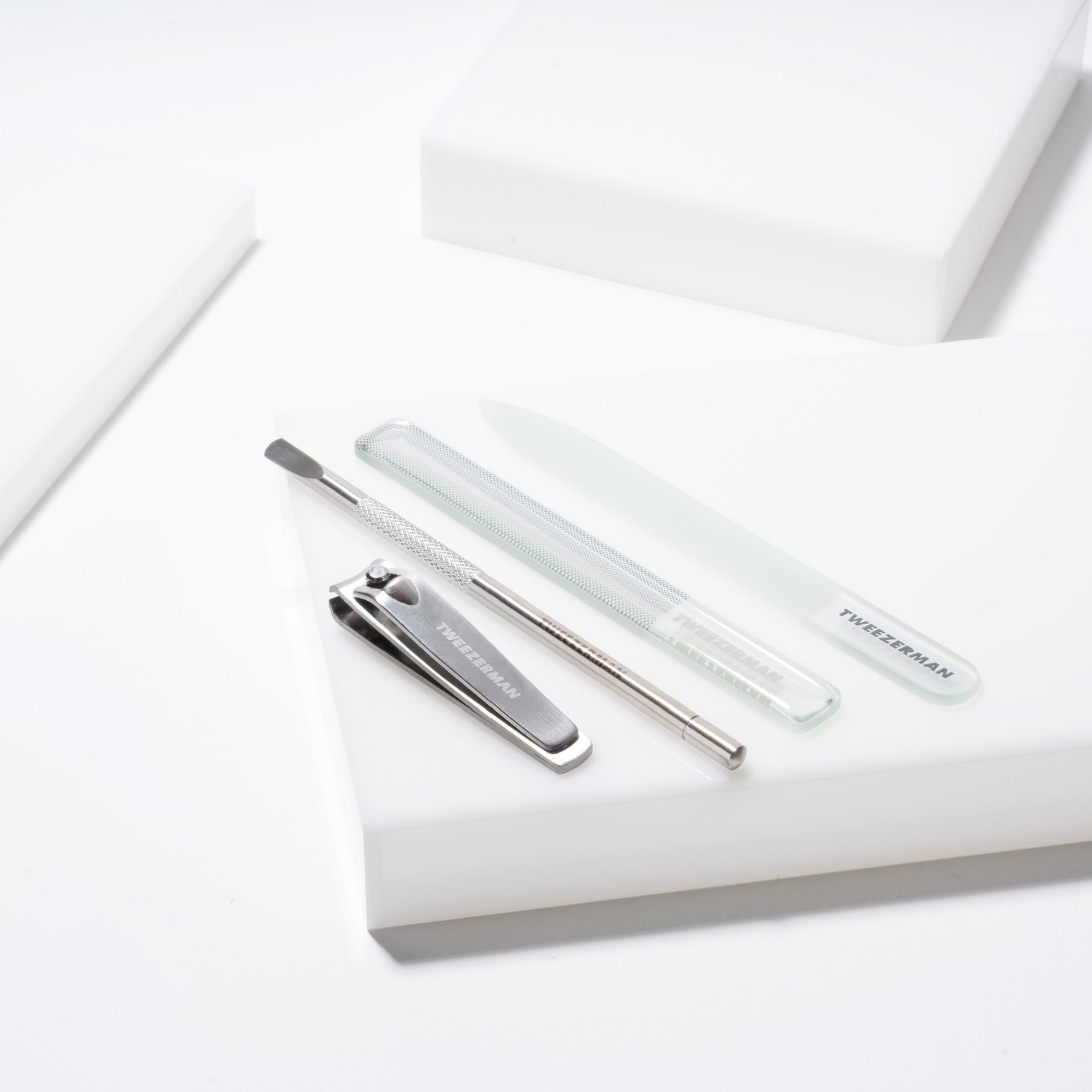 Tweezerman Glass Manicure Set-Clipper, Cuticle Pusher, Glass File, Buffer