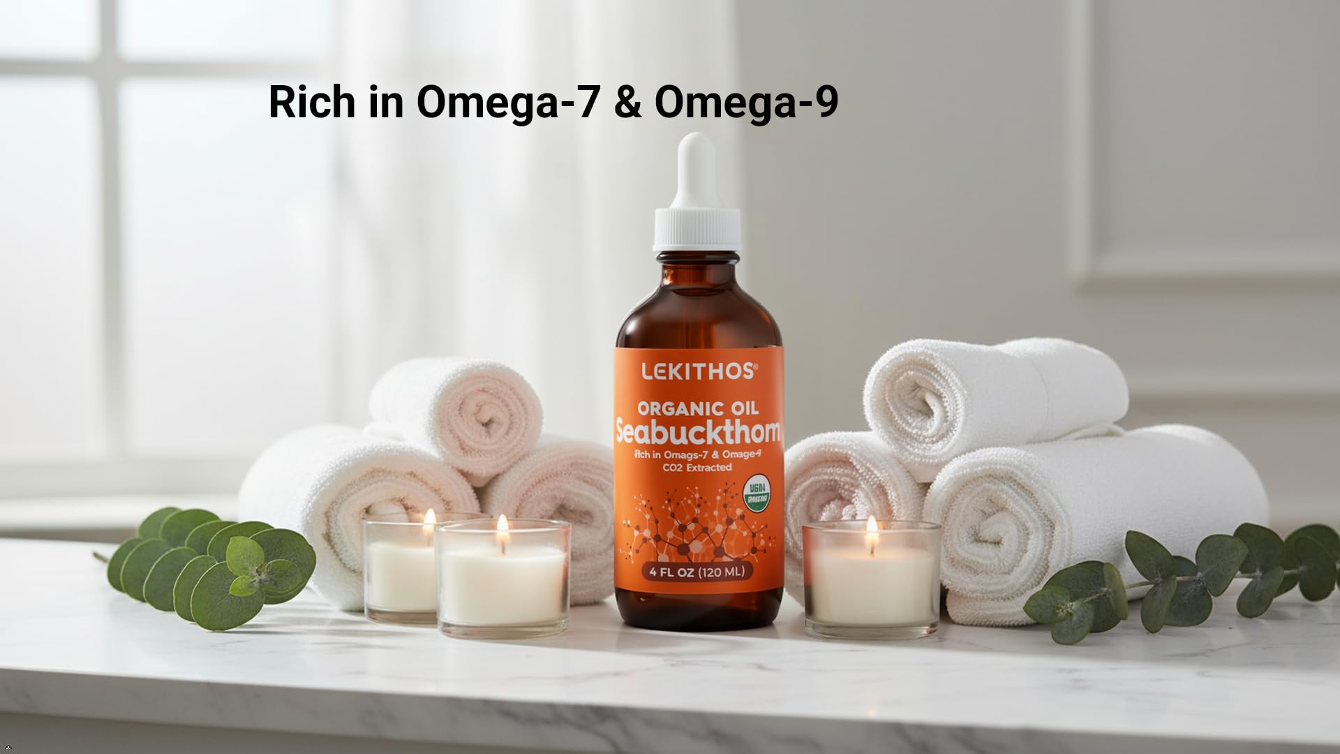 Lekithos Organic Sea Buckthorn Oil | 4 FL OZ (120 ML) | CO2 Extract | Premium Omega 3-6-9 Complex | Skin Barrier Support | Promotes Cell Membrane | Dropper in Glass Bottle | Made In Germany