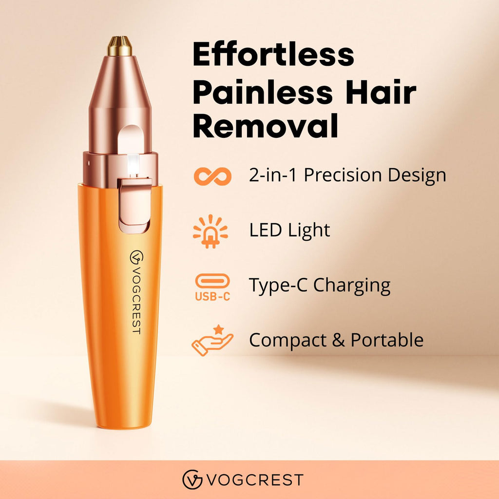 VG VOGCREST Eyebrow Facial Trimmer: 2 in1 Rechargeable Facial Hair Removal and Eyebrow Shaver - Face Lips Body Painless Facial Razor with Built-in LED Light (Orange)