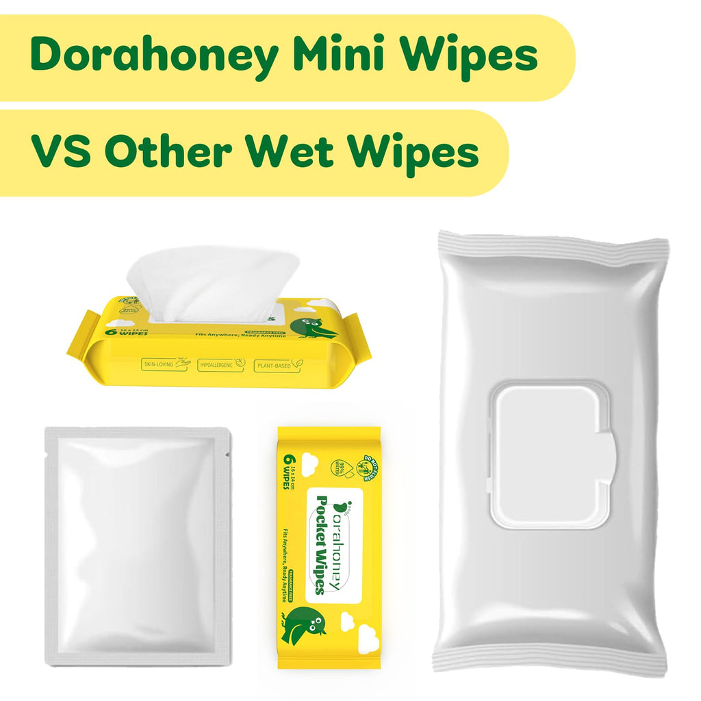 Dorahoney Unscented Travel Wet Wipes, 99% Purified Water Mini Wipes for Sensitive Skin, Hypoallergenic & Plastic-Free Pocket Wipes, 72 Count (12 Packs of 6)