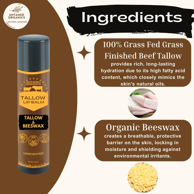 Untamed Organics Pure Tallow Lip Balm | 100% Grass-Fed Beef Tallow and Organic Beeswax | Moisturizing Lip Care for Dry, Chapped Lips | Hypoallergenic, Fragrance-Free | Handcrafted in USA | 4-Pack