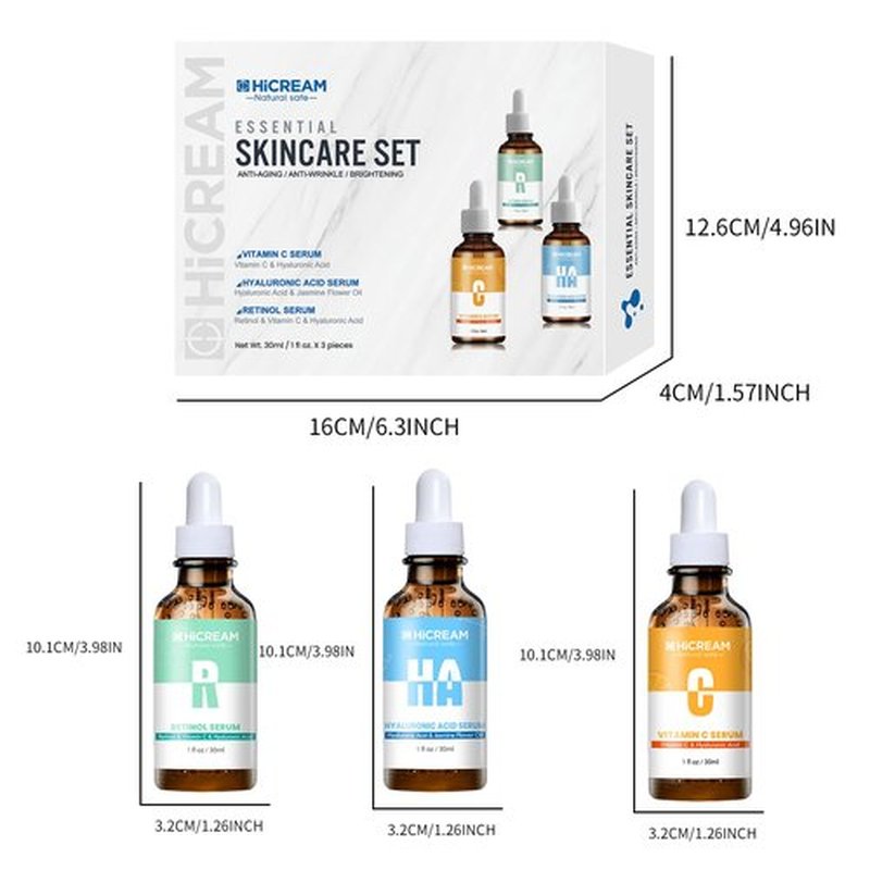 Hicream Face Serum Set 3-Pcs Set, Includes Vitamin C, Hyaluronic Acid & Retinol - Skin Care Set for Brightening, Firming, Hydrating - Facial Skin Care Set for Fine Lines, Dark Spot Corrector