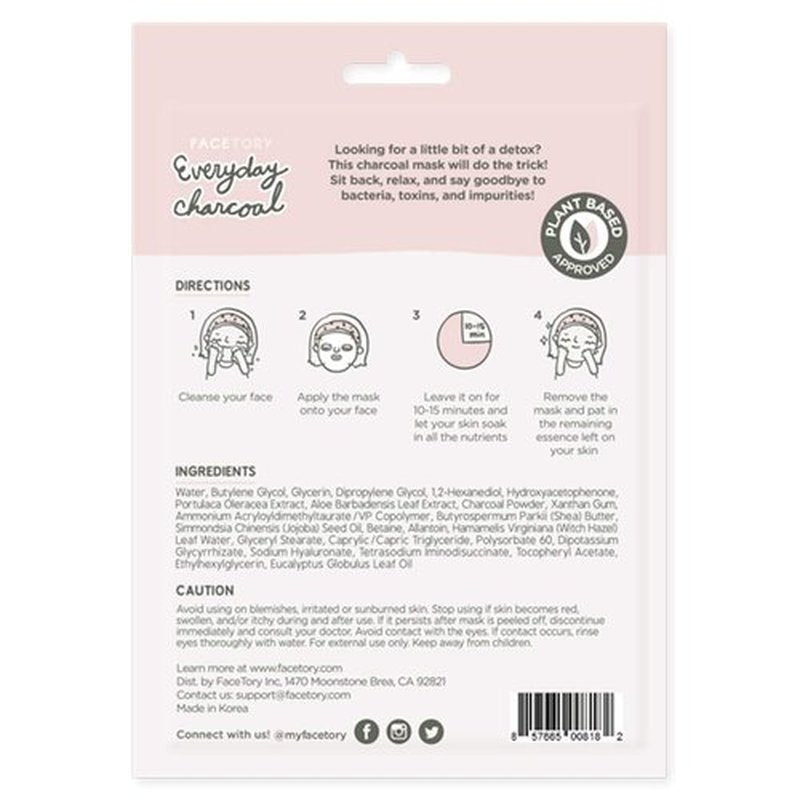 FACETORY K Beauty Face Mask Skin Care - Everyday CHARCOAL Detoxifying Sheet Mask | Plant-Based Charcoal Face Mask (5 Pack)